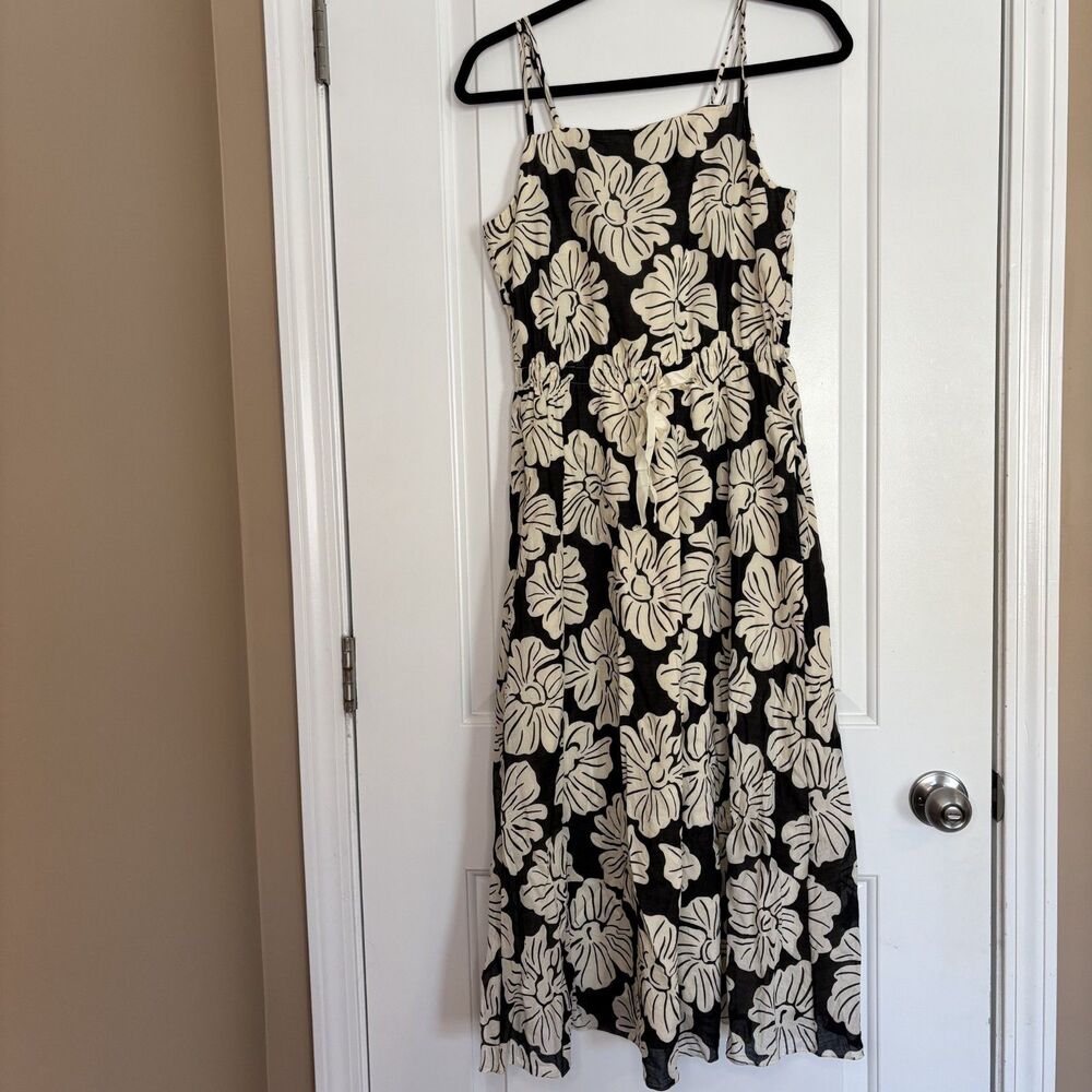 Theory Floral Drawstring Waist Size Petite (P) Black Ivory Midi Dress Classic